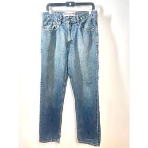 Levi’s Denizen 285 Relaxed Fit Dark Wash Blue Jeans Distressed Hem Mens 32 X 32